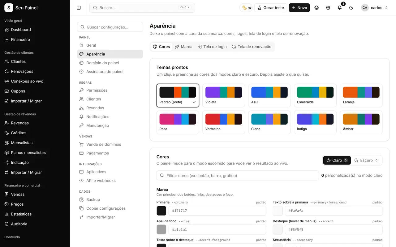 Écran de Painel Blend: éditeur d'apparence en marque blanche avec logo, couleurs et aperçu