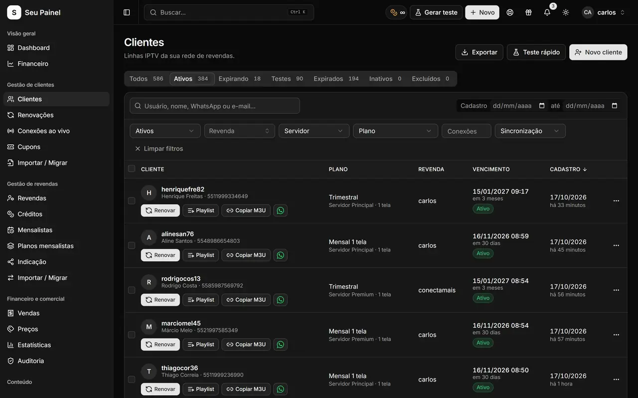 Schermata clienti di Painel Blend con l'elenco dei clienti importati, filtri, server e data di scadenza di ciascuno