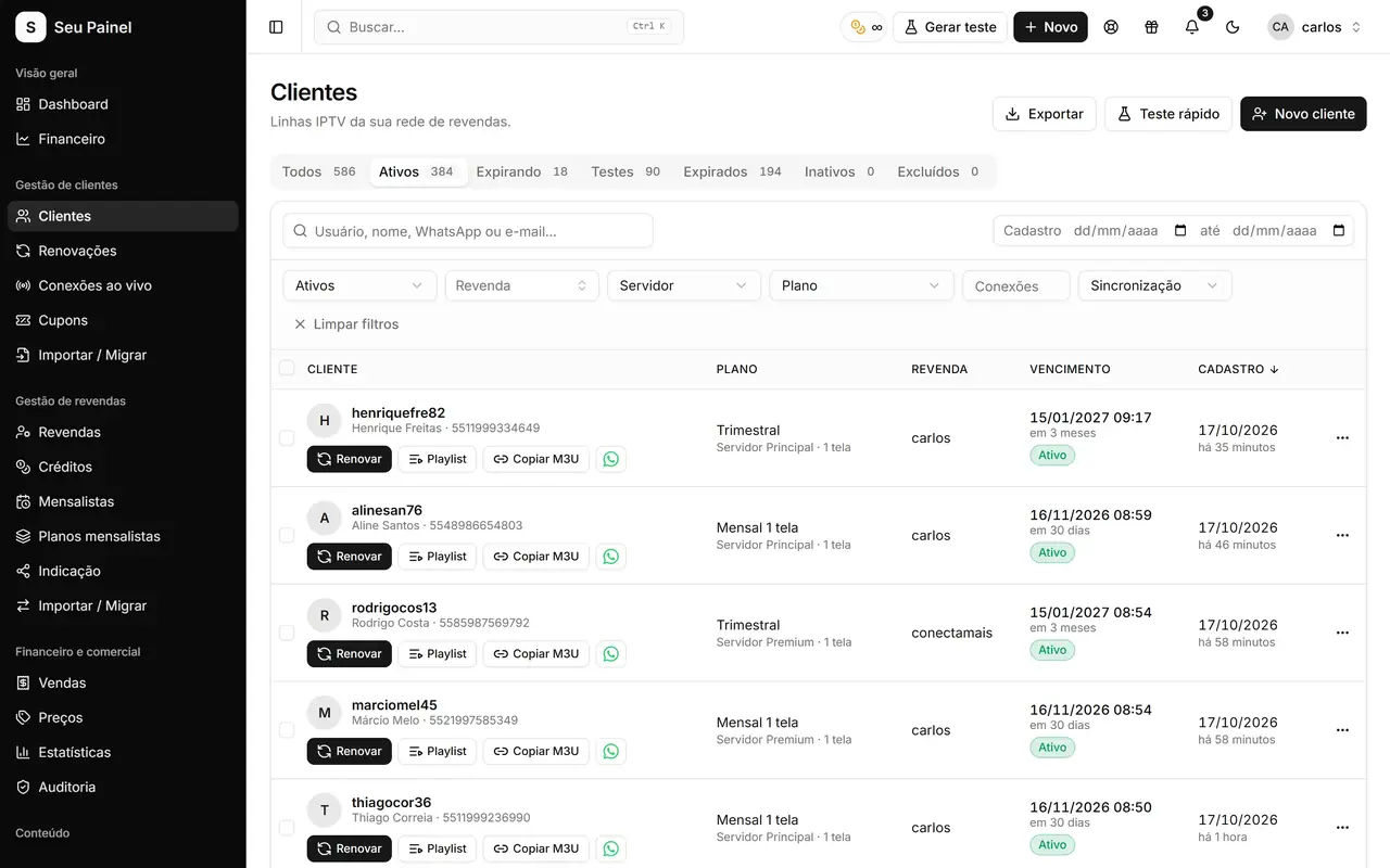 Schermata clienti di Painel Blend con l'elenco dei clienti importati, filtri, server e data di scadenza di ciascuno