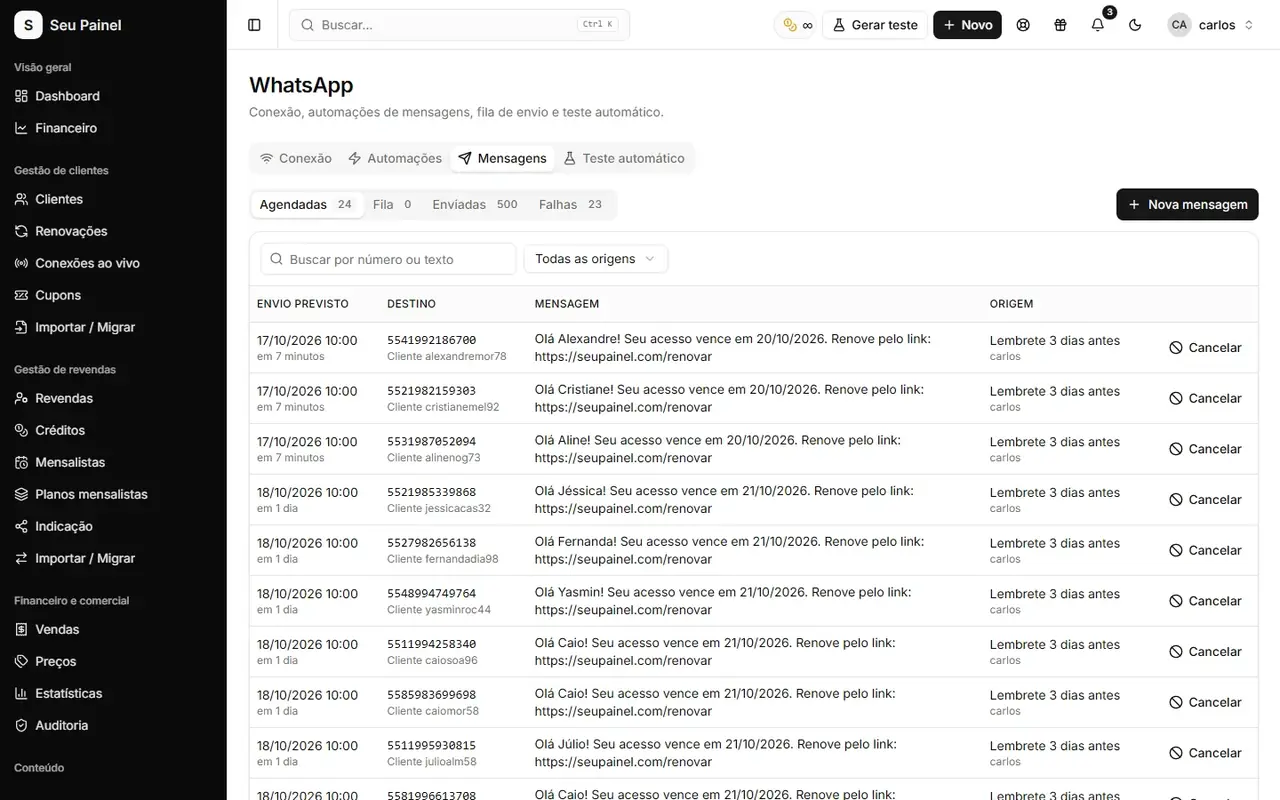 Écran WhatsApp de Painel Blend avec les messages programmés et envoyés et les automatisations d'assistance